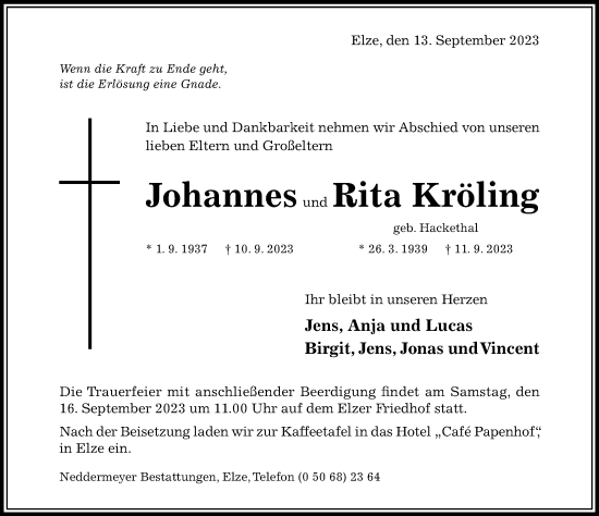 Traueranzeige von Johannes Kröling von Hildesheimer Allgemeine Zeitung