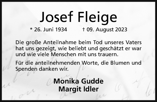 Traueranzeige von Josef Fleige von Hildesheimer Allgemeine Zeitung