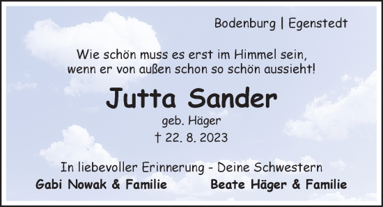 Traueranzeige von Jutta Sander von Hildesheimer Allgemeine Zeitung