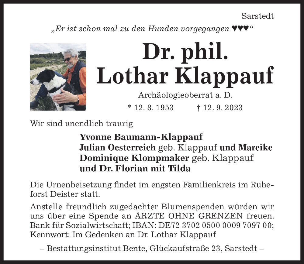 Traueranzeige für Lothar Klappauf vom 16.09.2023 aus Hildesheimer Allgemeine Zeitung