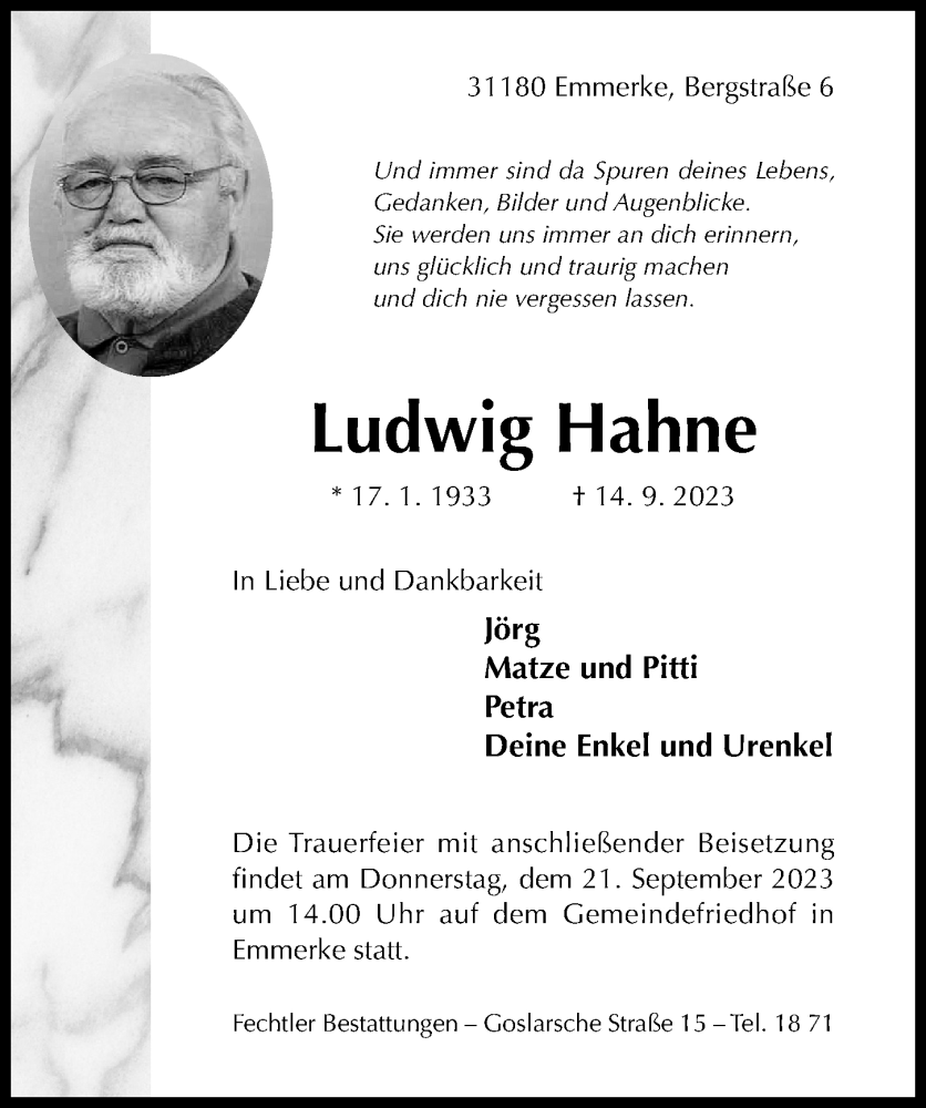  Traueranzeige für Ludwig Hahne vom 16.09.2023 aus Hildesheimer Allgemeine Zeitung