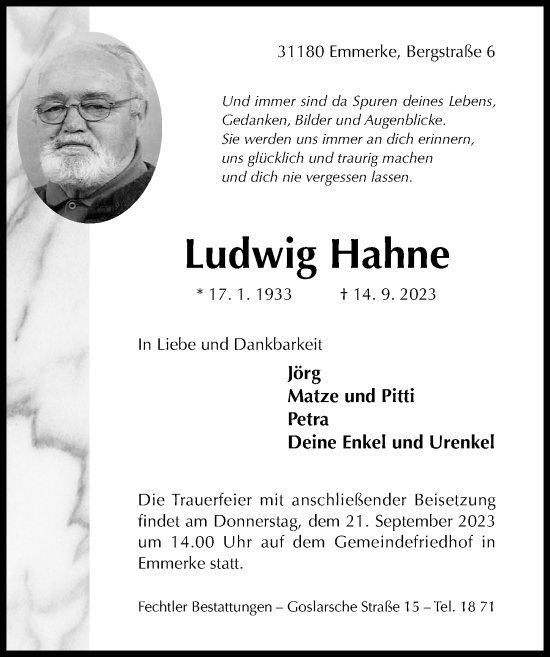 Traueranzeige von Ludwig Hahne von Hildesheimer Allgemeine Zeitung