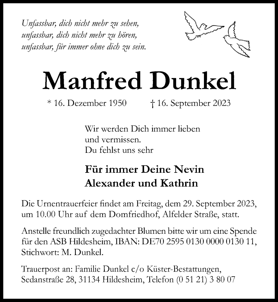  Traueranzeige für Manfred Dunkel vom 23.09.2023 aus Hildesheimer Allgemeine Zeitung