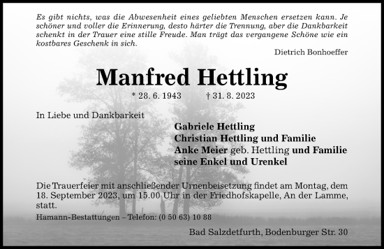 Traueranzeige von Manfred Hettling von Hildesheimer Allgemeine Zeitung