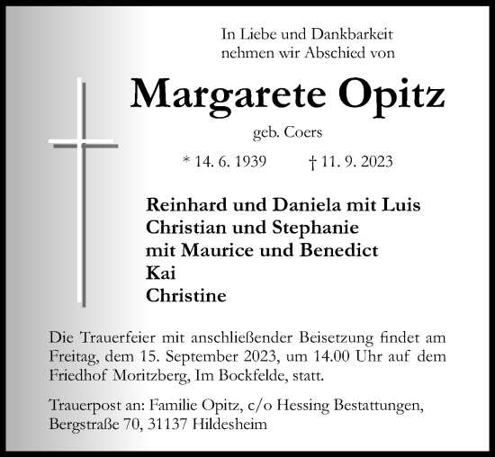 Traueranzeige von Margarete Opitz von Hildesheimer Allgemeine Zeitung