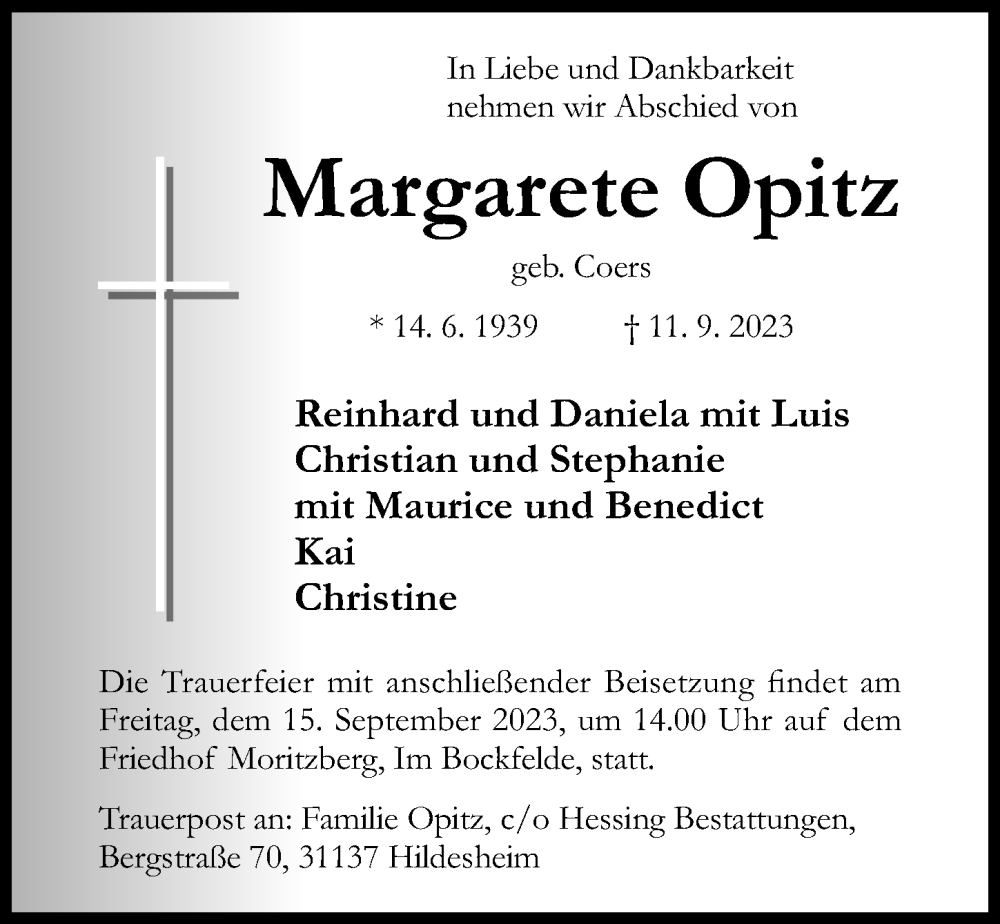  Traueranzeige für Margarete Opitz vom 13.09.2023 aus Hildesheimer Allgemeine Zeitung