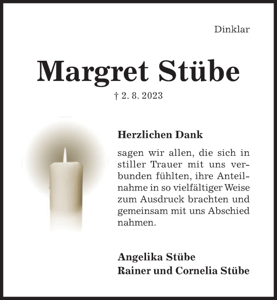 Traueranzeige von Margret Stübe von Hildesheimer Allgemeine Zeitung