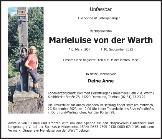 Traueranzeige von Marieluise von der Warth von Hildesheimer Allgemeine Zeitung