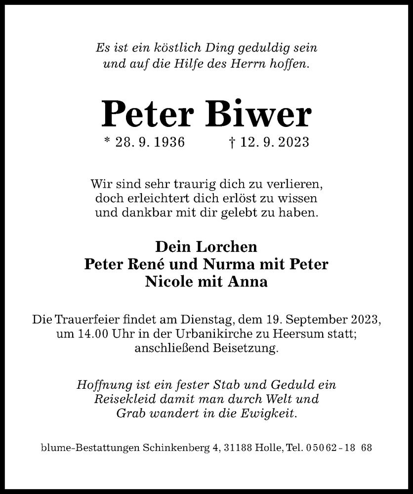  Traueranzeige für Peter Biwer vom 16.09.2023 aus Hildesheimer Allgemeine Zeitung