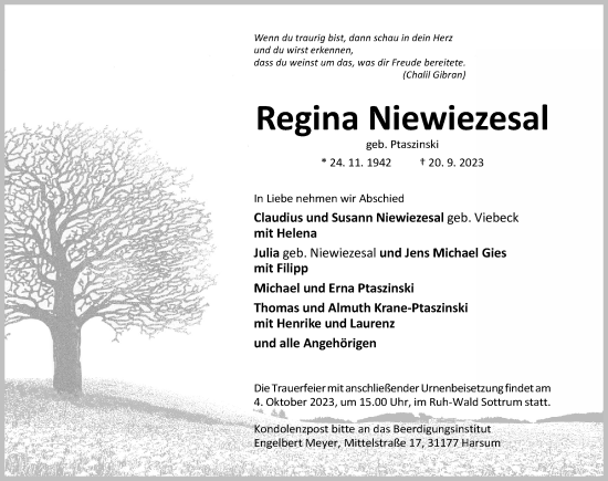 Traueranzeige von Regina Niewiezesal von Hildesheimer Allgemeine Zeitung