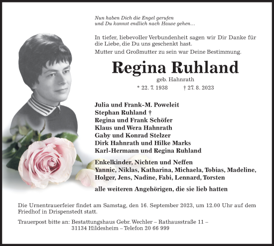 Traueranzeige von Regina Ruhland von Hildesheimer Allgemeine Zeitung