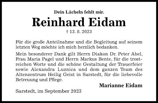 Traueranzeige von Reinhard Eidam von Hildesheimer Allgemeine Zeitung