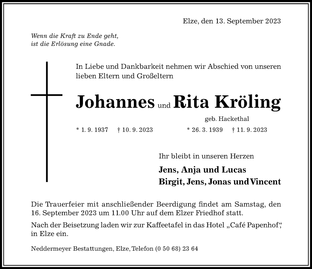  Traueranzeige für Rita Kröling vom 14.09.2023 aus Hildesheimer Allgemeine Zeitung