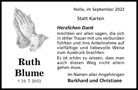 Traueranzeige von Ruth Blume von Hildesheimer Allgemeine Zeitung