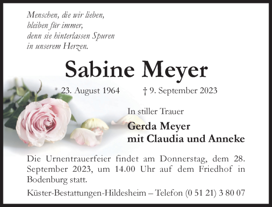 Traueranzeige von Sabine Meyer von Hildesheimer Allgemeine Zeitung