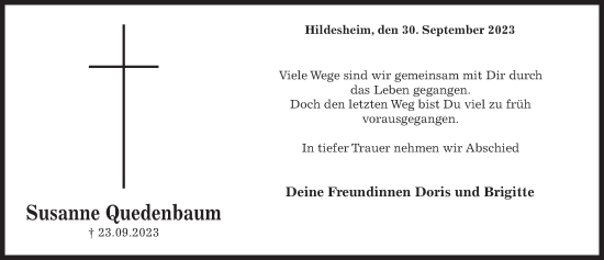 Traueranzeige von Susanne Quedenbaum von Hildesheimer Allgemeine Zeitung