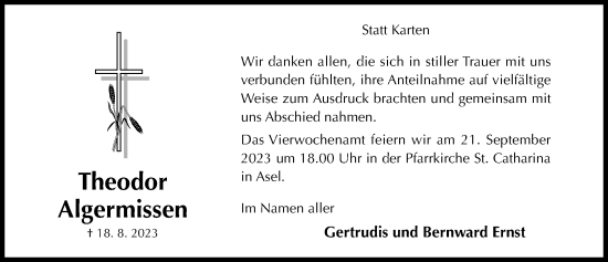 Traueranzeige von Theodor Algermissen von Hildesheimer Allgemeine Zeitung