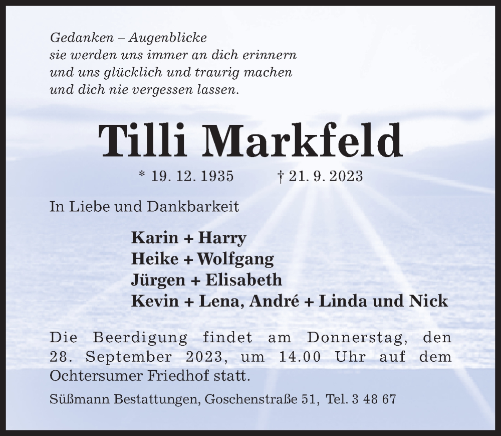  Traueranzeige für Tilli Markfeld vom 26.09.2023 aus Hildesheimer Allgemeine Zeitung