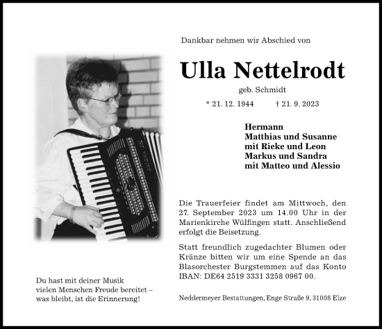 Traueranzeige von Ulla Nettelrodt von Hildesheimer Allgemeine Zeitung