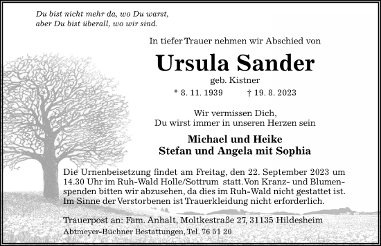 Traueranzeige von Ursula Sander von Hildesheimer Allgemeine Zeitung