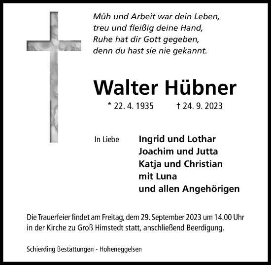 Traueranzeige von Walter Hübner von Hildesheimer Allgemeine Zeitung