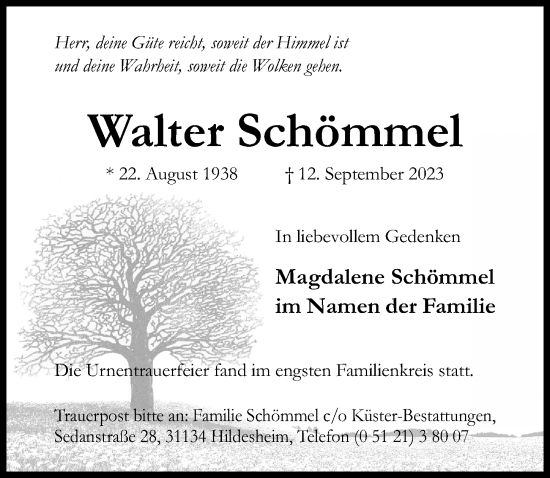 Traueranzeige von Walter Schömmel von Hildesheimer Allgemeine Zeitung