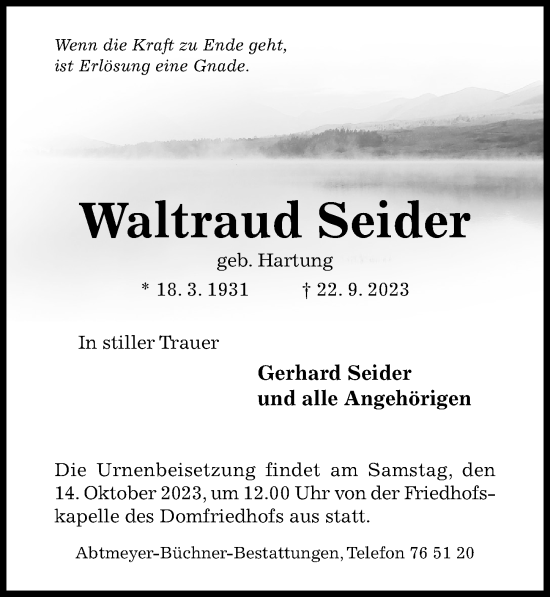 Traueranzeige von Waltraud Seider von Hildesheimer Allgemeine Zeitung