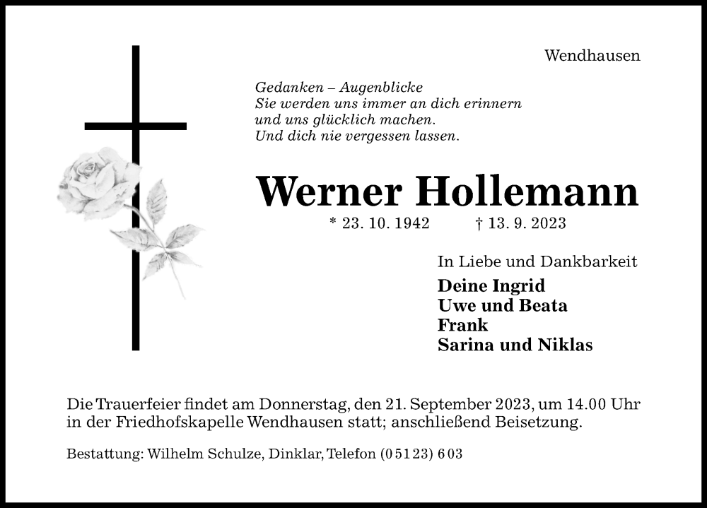  Traueranzeige für Werner Hollemann vom 16.09.2023 aus Hildesheimer Allgemeine Zeitung