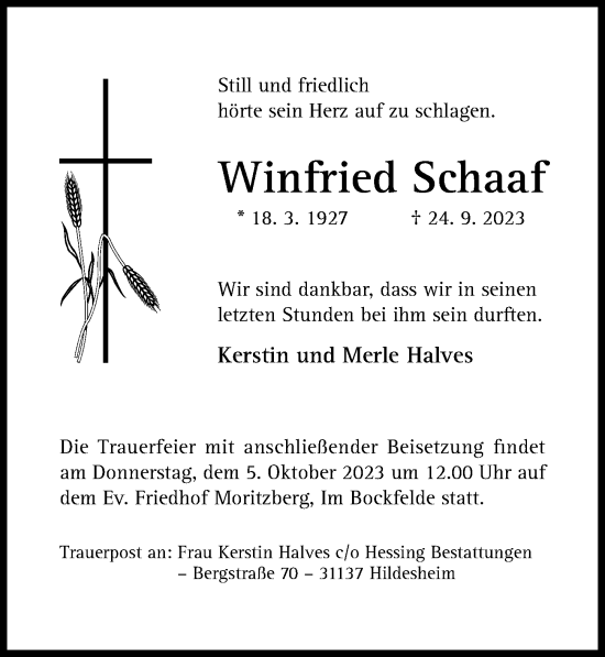 Traueranzeige von Winfried Schaaf von Hildesheimer Allgemeine Zeitung