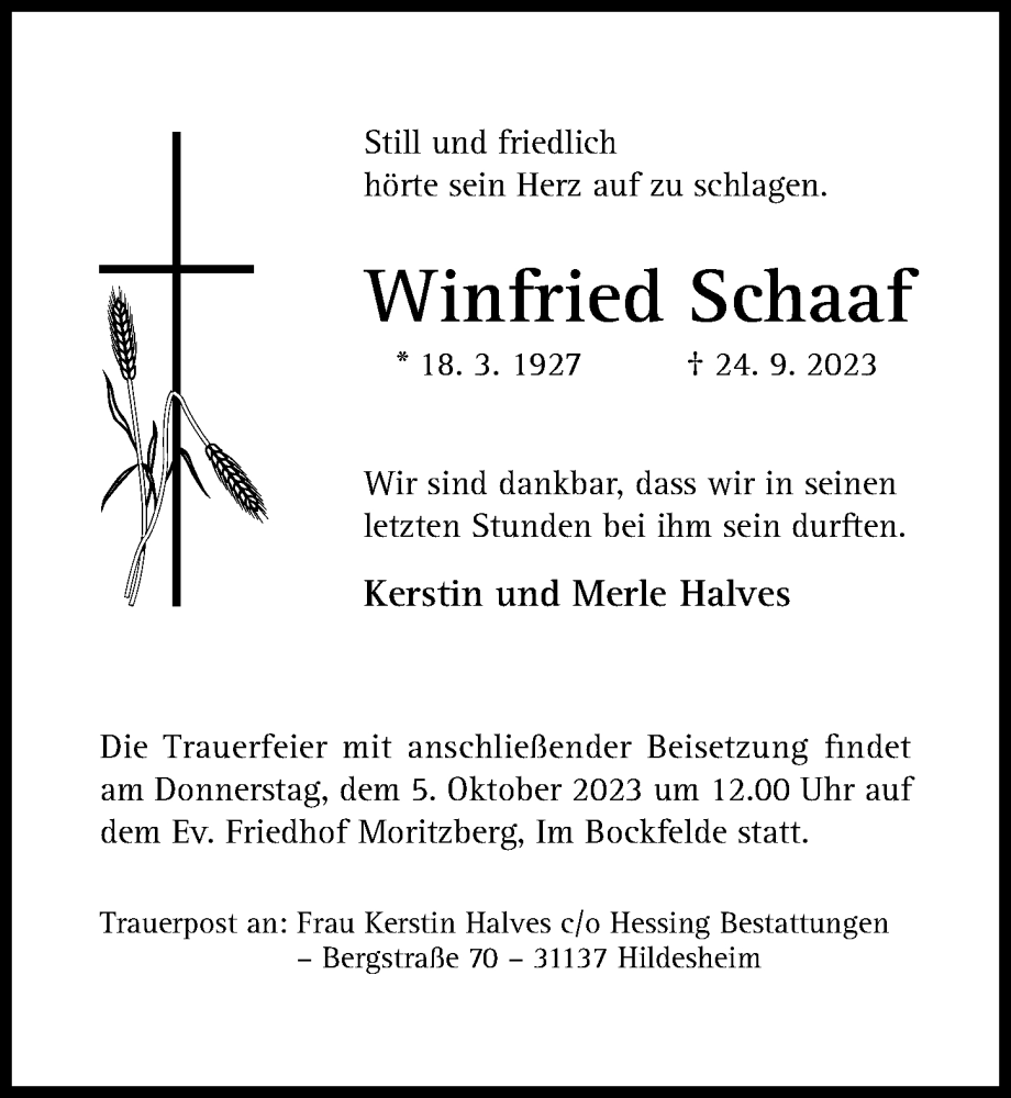  Traueranzeige für Winfried Schaaf vom 27.09.2023 aus Hildesheimer Allgemeine Zeitung