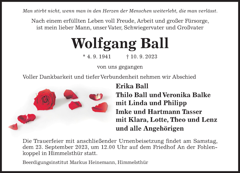  Traueranzeige für Wolfgang Ball vom 13.09.2023 aus Hildesheimer Allgemeine Zeitung