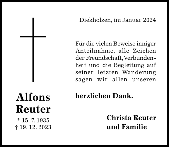 Traueranzeige von Alfons Reuter von Hildesheimer Allgemeine Zeitung