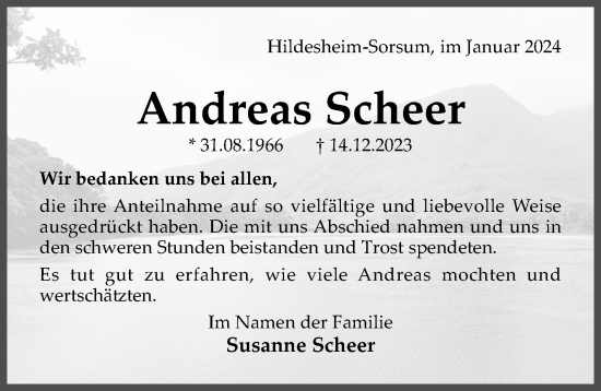 Traueranzeige von Andreas Scheer von Hildesheimer Allgemeine Zeitung