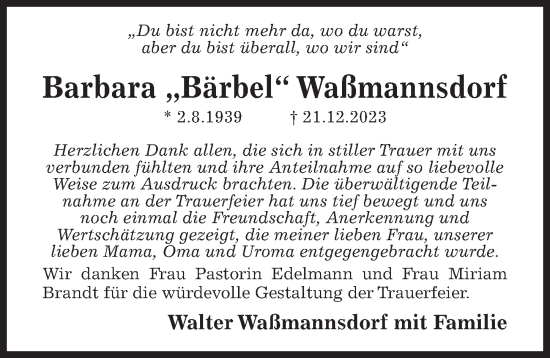 Traueranzeige von Barbara Waßmannsdorf von Hildesheimer Allgemeine Zeitung