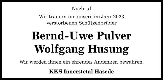 Traueranzeige von Bernd-Uwe Pulver von Hildesheimer Allgemeine Zeitung