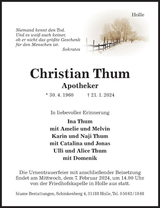 Traueranzeige von Christian Thum von Hildesheimer Allgemeine Zeitung