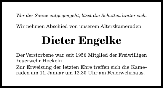 Traueranzeige von Dieter Engelke von Hildesheimer Allgemeine Zeitung