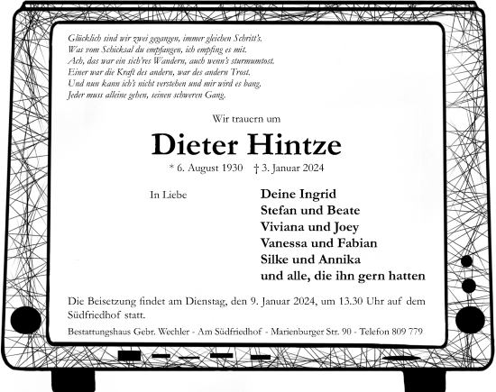 Traueranzeige von Dieter Hintze von Hildesheimer Allgemeine Zeitung