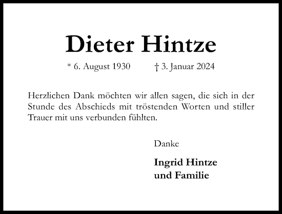 Traueranzeige von Dieter Hintze von Hildesheimer Allgemeine Zeitung