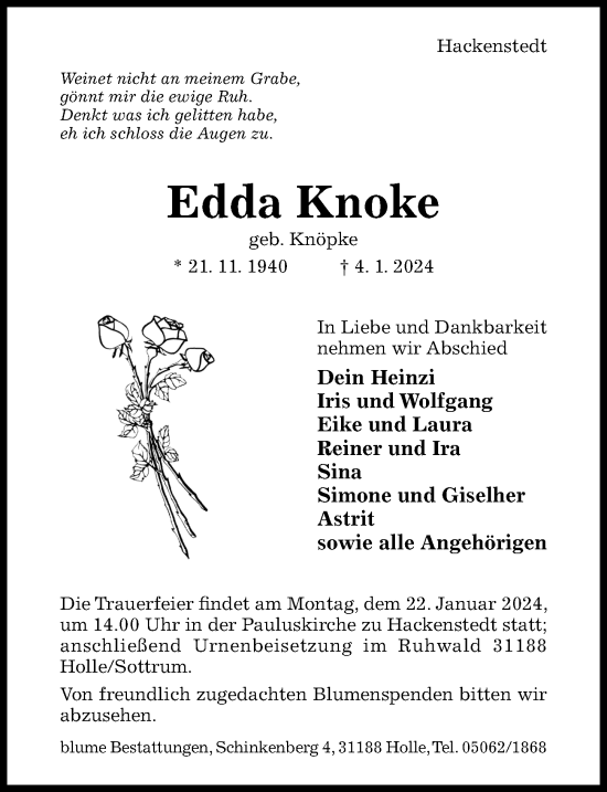 Traueranzeige von Edda Knoke von Hildesheimer Allgemeine Zeitung