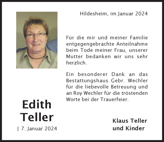 Traueranzeige von Edith Teller von Hildesheimer Allgemeine Zeitung