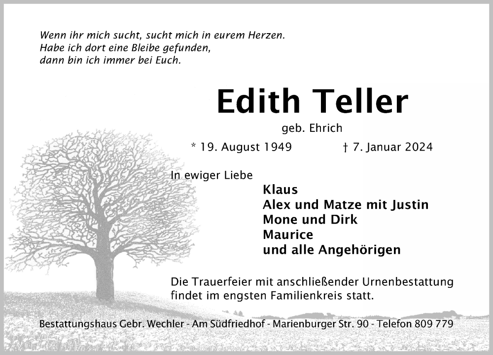  Traueranzeige für Edith Teller vom 10.01.2024 aus Hildesheimer Allgemeine Zeitung