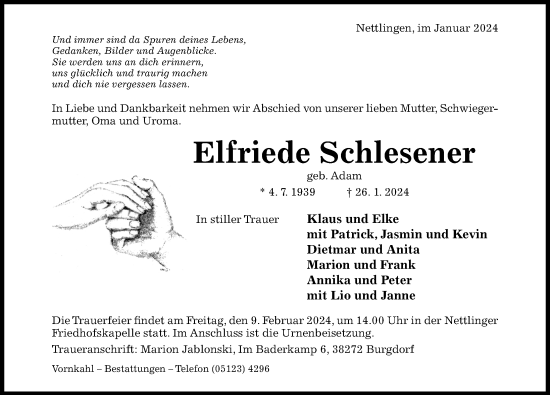 Traueranzeige von Elfriede Schlesener von Hildesheimer Allgemeine Zeitung