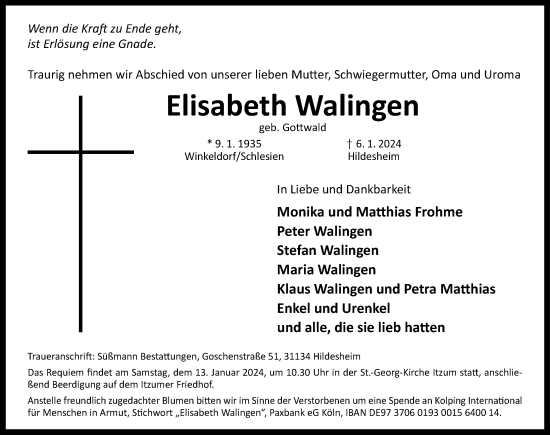 Traueranzeige von Elisabeth Walingen von Hildesheimer Allgemeine Zeitung