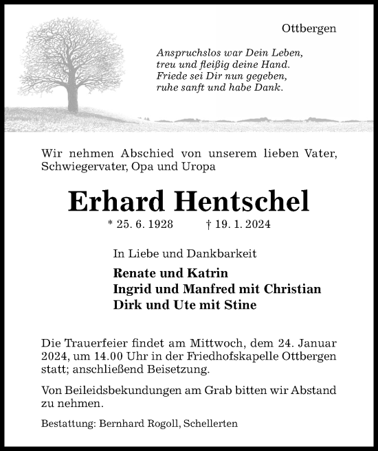 Traueranzeige von Erhard Hentschel von Hildesheimer Allgemeine Zeitung