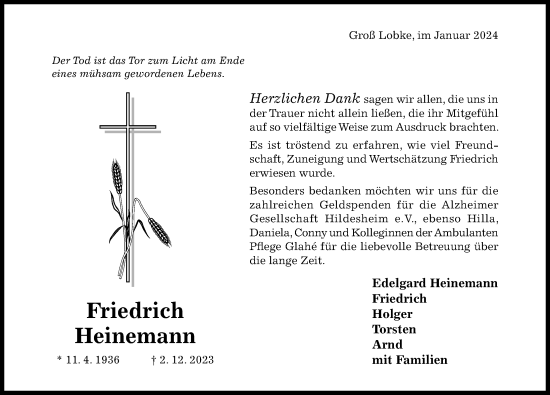 Traueranzeige von Friedrich Heinemann von Hildesheimer Allgemeine Zeitung