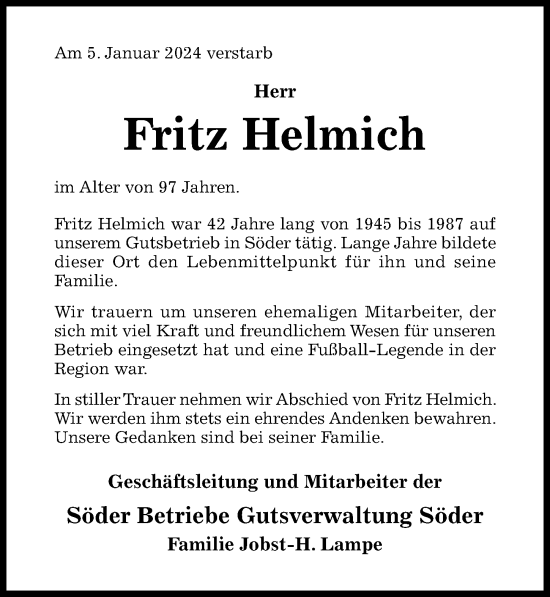 Traueranzeige von Fritz Helmich von Hildesheimer Allgemeine Zeitung