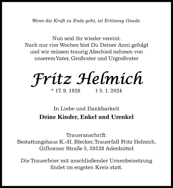 Traueranzeige von Fritz Helmich von Hildesheimer Allgemeine Zeitung