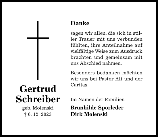 Traueranzeige von Gertrud Schreiber von Hildesheimer Allgemeine Zeitung