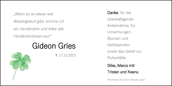 Traueranzeige von Gideon Gries von Hildesheimer Allgemeine Zeitung